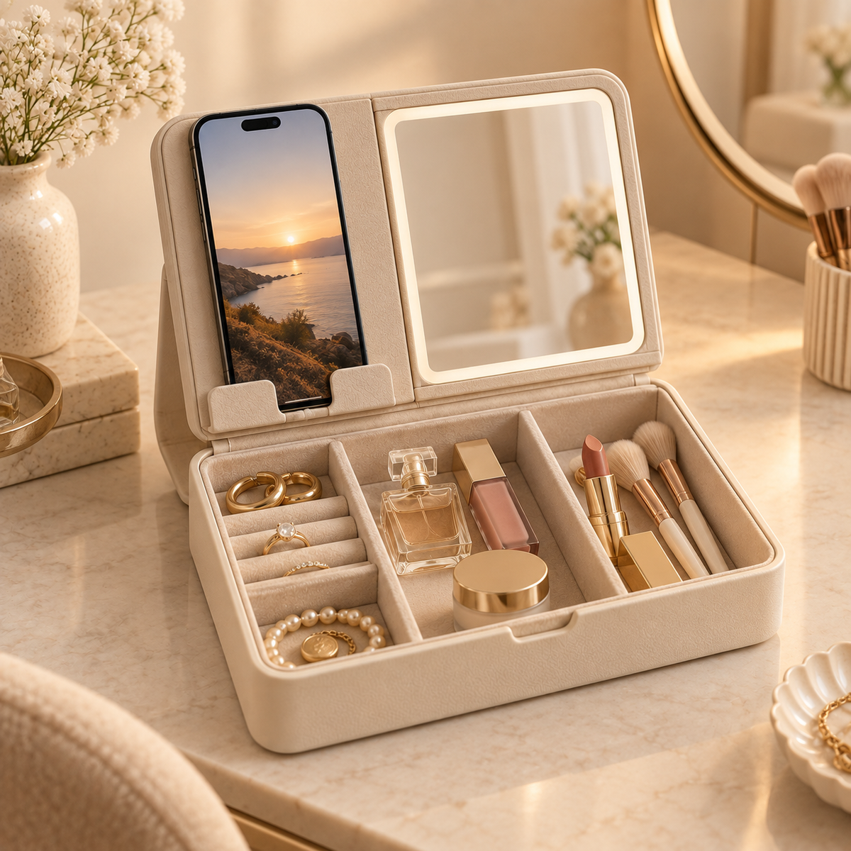 woieeo™ MirrorBox Vanity Organizer, Mirror & Phone Dock